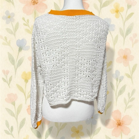 Free People Home Run Sweater XS – White Textured Knit with Mustard Trim - Picture 4 of 8